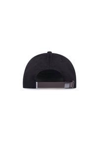 Black cap with a textured fabric, featuring a curved visor and a strap closure at the back. Simple design with minimal accents.