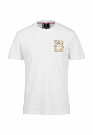 Witte katoenen T-shirt met een teddybeer borduurwerk op de linkerborst met een hoofdband. Korte mouwen en een standaard ronde hals.