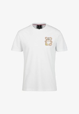 Witte katoenen T-shirt met een teddybeer borduurwerk op de linkerborst met een hoofdband. Korte mouwen en een standaard ronde hals.