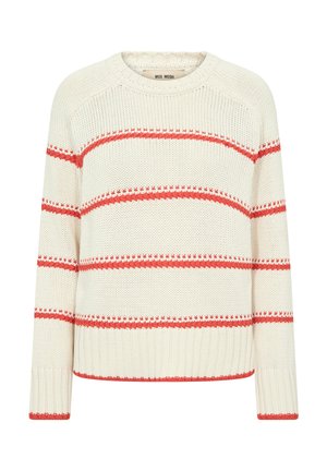 Kreminis megztinis su apvalia iškirpte ir horizontaliomis raudonomis juostelėmis visame kūne ir rankovėse, su ribuotomis rankogaliais ir apačia.