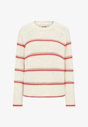 Kreemikas soonikkoes kampsun ümar kaelusega, keha ja varrukate horisontaalsete punaste triipudega, soonikservadega mansettide ja alläärega.