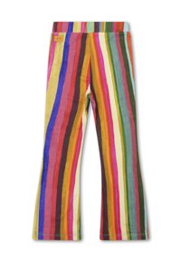 Gestreepte flared broek in verschillende kleuren, waaronder roze, geel, groen en bruin. Heeft een zachte stof en een elastische tailleband.