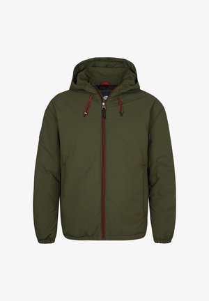 Olivgrüne Kapuzenjacke mit einem Reißverschluss an der Vorderseite, roten Akzenten, elastischen Bündchen und einer glatten Textur. Verfügt über einen verstellbaren Kordelzug an der Kapuze.