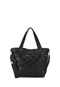Bolso tote de cuero trenzado negro con asas dobles y una correa de hombro desmontable. La superficie texturizada presenta un patrón de tablero de ajedrez.