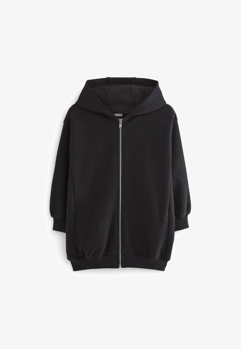 Sweat à capuche noir zippé à l'avant, manches longues avec poignets côtelés, et capuche attachée, présenté sur un fond blanc.
