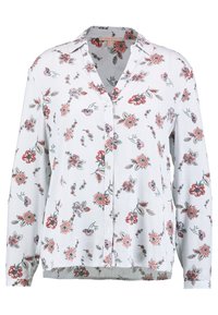 Blouse à manches longues avec boutons, motif à rayures blanches, agrémentée d'imprimés floraux roses et verts. Tissu doux, col classique, et ourlet arrondi.