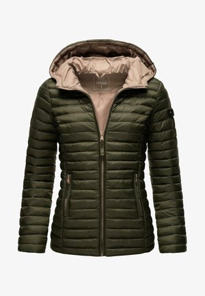 Giacca in piuma verde oliva con zip, design aderente, foderatura beige all'interno e tasche laterali; presenta un cappuccio aderente.