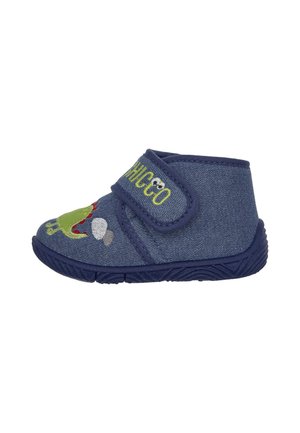 Chaussure bleue pour tout-petit avec broderie dinosaure et bride Velcro étiquetée "CHICCO" sur le côté, semelle en caoutchouc et dessus en tissu.
