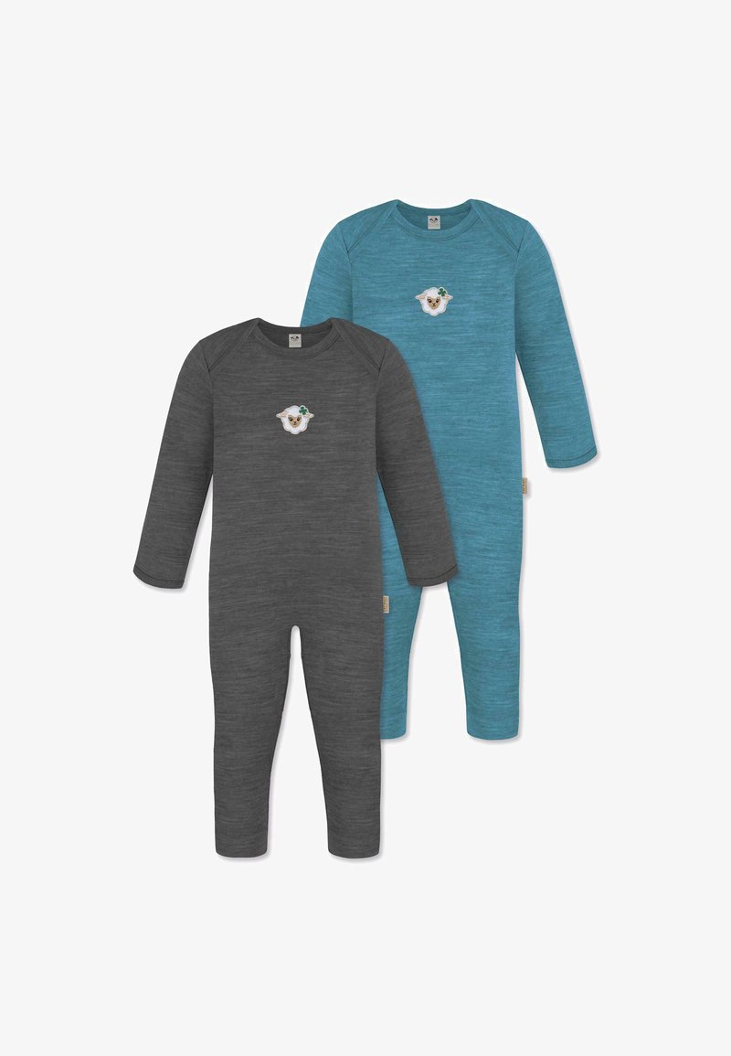 Zwei Langarm-Overall: einer schwarz, einer türkis. Beide verfügen über ein weißes Schaf-Graphic mit einem Kleeblatt. Weicher, strukturierten Stoff mit eng anliegender Passform.