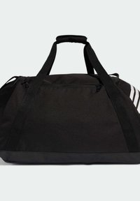 Bolsa de lona negra hecha de tela duradera con asas dobles, compartimentos con cremallera y tres franjas blancas en un lado.