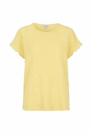 Gelbe kurzärmelige Bluse mit Struktur, geschwungenen Kanten und rundem Ausschnitt, Größe 38/40 von der Marke Cellbes.