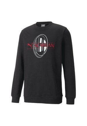 Schwarzer Pullover mit langen Ärmeln, Rundhalsausschnitt und gerippten Bündchen. Mit einem roten Grafikdruck, der "AC MILAN" und ein Logo in einem kreisförmigen Design zeigt.