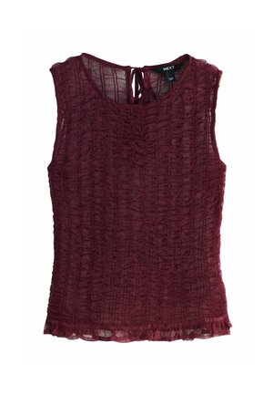 Burgundy ujjatlan blúz struktúrált anyagból, gyűrött mintázattal, kulcslyuk hátkivágással és fodros aljjal.