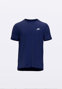 Granatowy t-shirt Nike, krótkie rękawy, okrągły dekolt, wykonany z gładkiej tkaniny z białym logo na lewej piersi. Klasyczny krój.