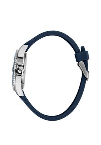 Cinturino per orologio in silicone blu con cassa in acciaio inox argentato, dotato di un quadrante rotondo e di una lunetta testurizzata con chiusura a pulsante.