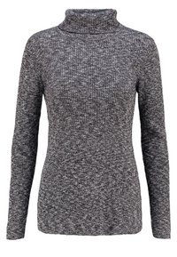 Gestrickter Rollkragenpullover in Grau-Mélange; mit langen Ärmeln, einer taillierten Silhouette und rippenförmiger Textur. Keine auffälligen Muster oder Akzente.