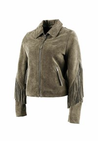 Jemne zelená semišová bunda s krátkym strihom, zapínaním na zips a strapcami na rukávoch. Má dve bočné vrecká so zipsom.
