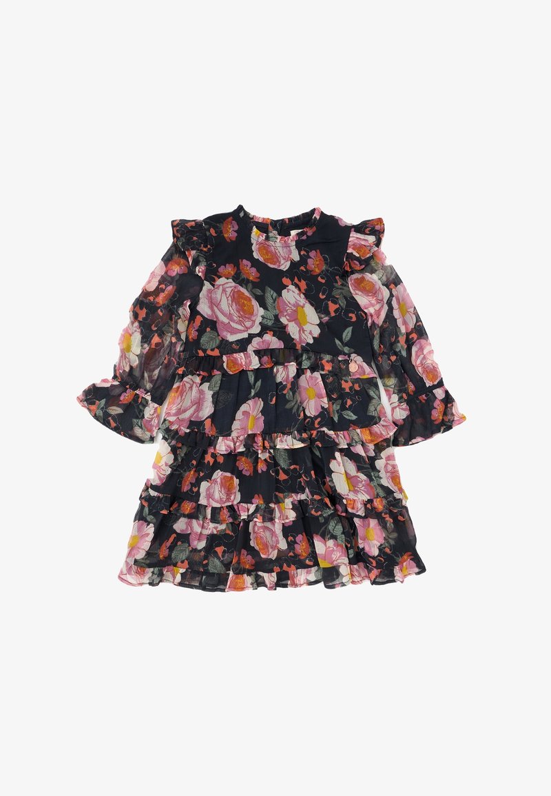 Robe longue à manches longues noire à volants, avec motifs floraux roses et orange et détails à volants sur les manches et l'ourlet.