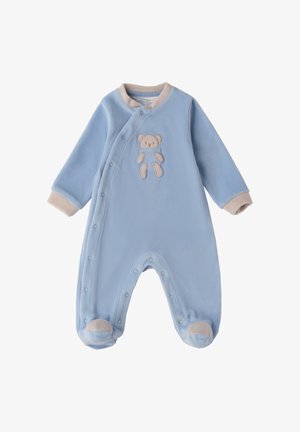 Tuta in pile azzurro chiaro con maniche lunghe, chiusure a pressione e un orsetto beige ricamato sul fronte. Tessuto morbido e testurizzato.