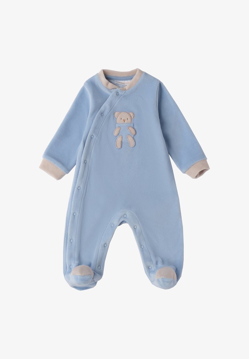 Helle blaue Fleece-Einteiler mit langen Ärmeln, Druckknopfverschlüssen und einem beigefarbenen Teddybär, der auf der Vorderseite gestickt ist. Weicher, strukturierter Stoff.