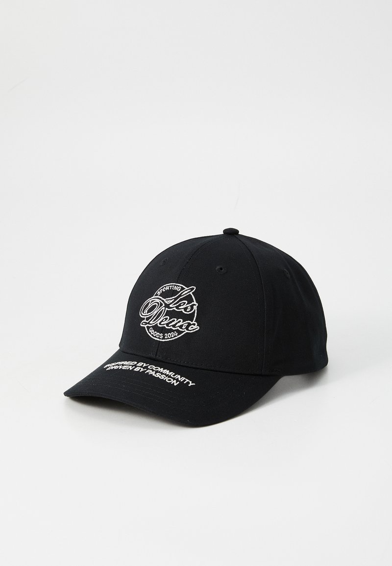Black baseball cap made of fabric features white embroidered logo on front and text on the brim. Structured design with a curved visor.