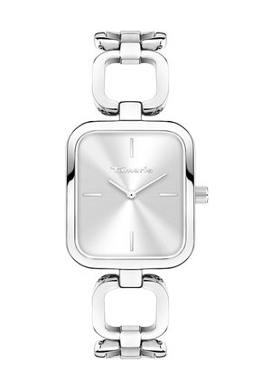 Montre-bracelet argentée à cadran carré, cadran minimaliste sans chiffres, bracelet chaîne en métal reliée, et nom de marque "Tamaris" sur le cadran.
