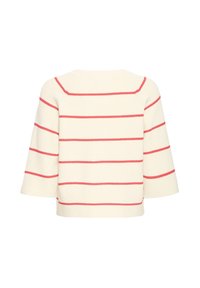 Pull en maille crème avec de larges rayures horizontales rouges et manches trois-quarts, vu de dos.