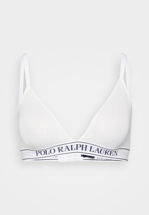 Witte bralette met een driehoekige vorm, gemaakt van een gladde stof. Voorzien van een marineblauwe band met het "POLO RALPH LAUREN" logo en verstelbare schouderbanden.