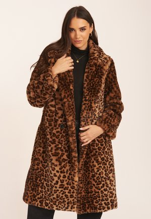 Leopard print faux fur coat with a notched collar, double-breasted buttons, and long sleeves, featuring a soft, plush texture and warm tones.