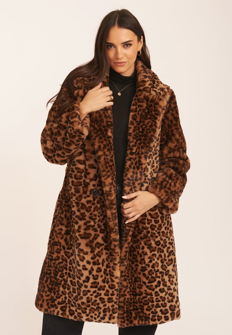 Leopard print faux fur coat with a notched collar, double-breasted buttons, and long sleeves, featuring a soft, plush texture and warm tones.