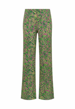 Wide-leg pants with green and beige fan-shaped leaf patterns on a purple background, featuring a front button and zip closure.