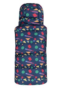 Granatowa pikowana bezrękawnik z kapturem, zdobiona wielokolorowymi geometrycznymi kształtami, w tym czerwonymi kwadratami, zielonymi sześciokątami, żółtymi trójkątami i niebieskimi liniami.
