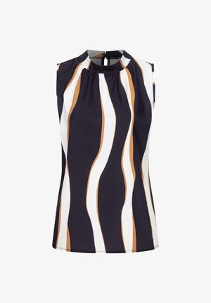 Ärmelloses Top mit hohem Kragen, navy-farbenem Grund mit weißen und ockerfarbenen Wellenstreifen sowie einem Schlüssellochverschluss auf der Rückseite. Glatte Stoffstruktur.