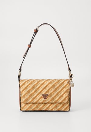 Tan striped handbag with a textured woven design, brown leather accents, and a silver logo plaque. Adjustable strap with metal hardware.