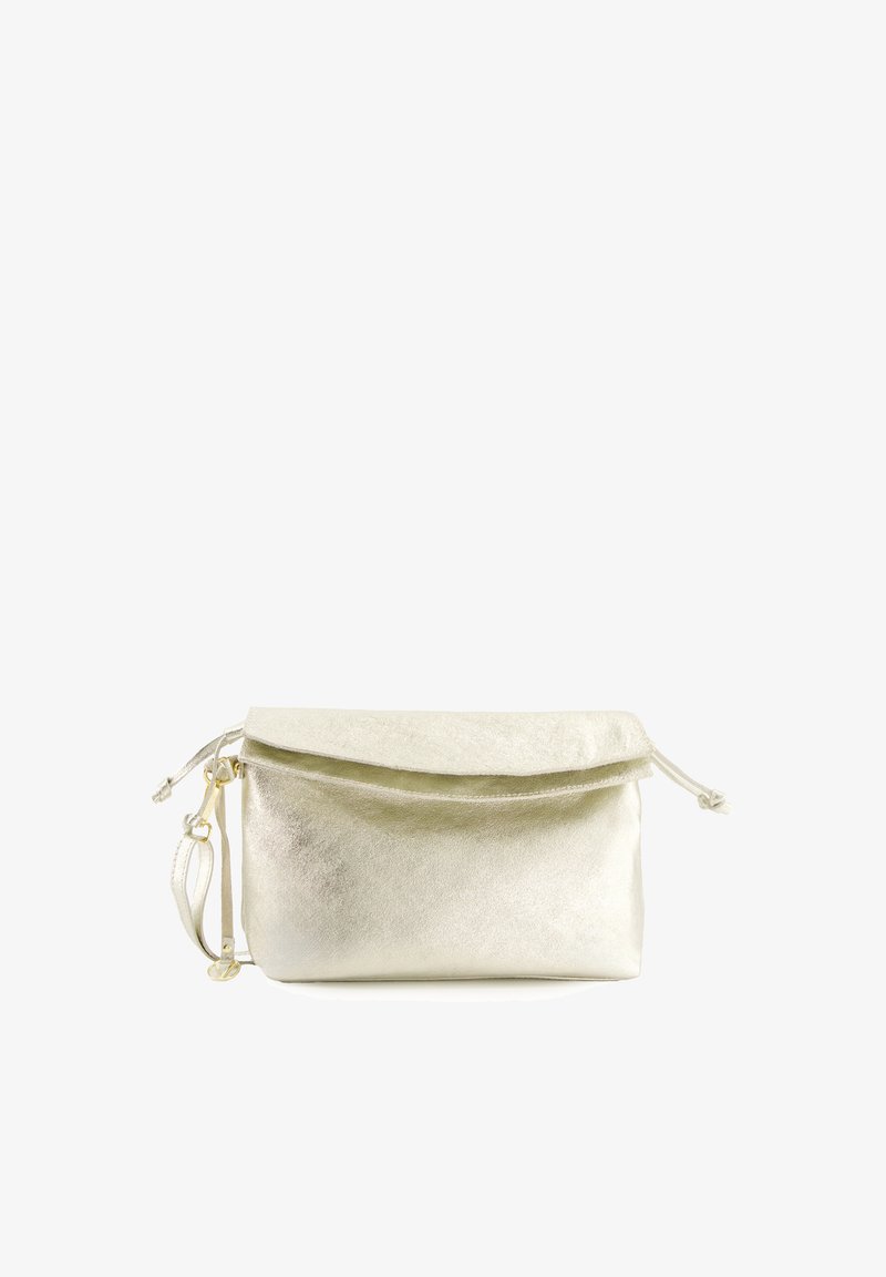 Metallic silver clutch bag with a fold-over top, drawstring closure, and a detachable strap. Smooth texture with subtle sheen and no visible patterns.