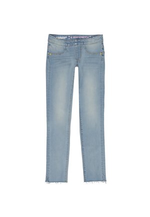 Lyseblå skinny jeans med forlommer, falmede lårområder, rå kant på benene og elastisk linning mærket 4-vejs stretch.