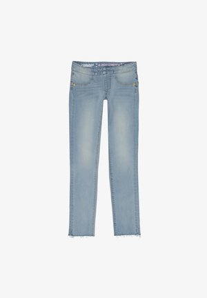 Jean skinny bleu clair avec poches avant, zones de cuisse décolorées, bords d’ourlet bruts, et une ceinture élastique étiquetée 4-way stretch.