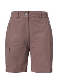 Hellbraune Cargo-Shorts mit flachem Frontdesign, zwei seitlichen Taschen und strukturierter Stoffoberfläche. Mit Knopfverschluss und Gürtelschlaufen.