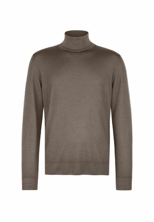 Brązowy sweter z golfem, wykonany z gładkiego materiału, z dopasowanym dekoltem, długimi rękawami oraz ściągaczami przy mankietach i u dołu.