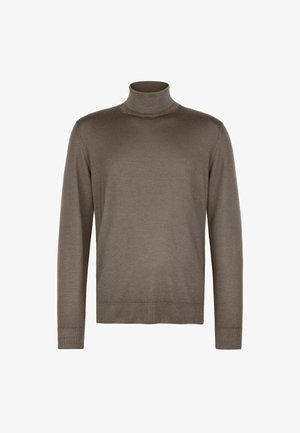 Brązowy sweter z golfem, wykonany z gładkiego materiału, z dopasowanym dekoltem, długimi rękawami oraz ściągaczami przy mankietach i u dołu.