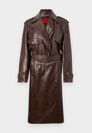 Brown faux leather trench coat with a belted waist, large lapels, and front pockets. Features a shiny, textured surface and button cuffs.