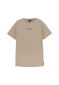 Beige t-shirt met korte mouwen van katoen, met een ronde halslijn en zwarte "R.L.X." tekst op de voorkant. Eenvoudig ontwerp zonder patronen.