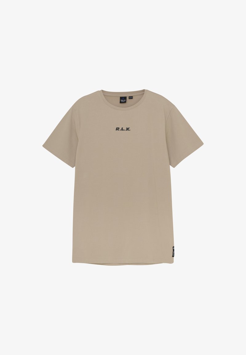 Beige t-shirt met korte mouwen van katoen, met een ronde halslijn en zwarte "R.L.X." tekst op de voorkant. Eenvoudig ontwerp zonder patronen.