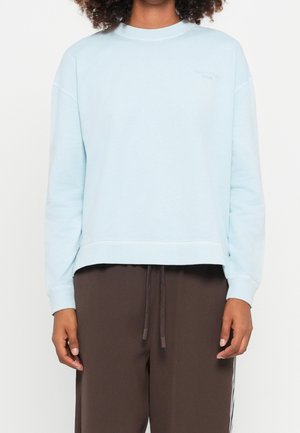 Woman wearing a light blue long-sleeve sweatshirt and dark brown drawstring pants against a white background.