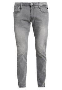 Jeans din denim gri pentru bărbați, slim-fit, cu nasture și fermoar în față, design cu cinci buzunare și detalii ușor decolorate.