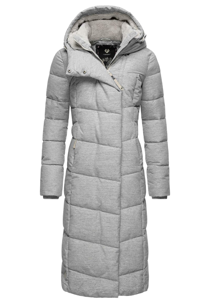 Gray padded long coat with a hood, featuring a soft interior lining, quilted design, front pockets, and snap closures at the neck.