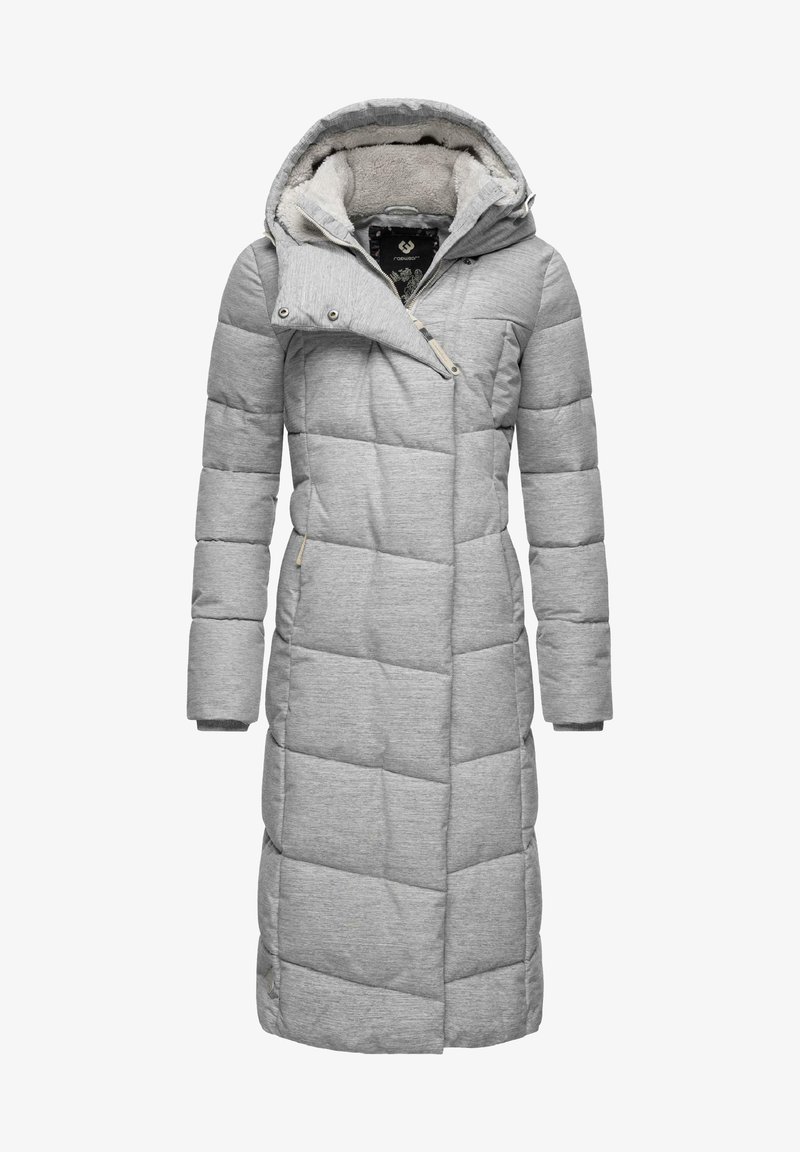 Gray padded long coat with a hood, featuring a soft interior lining, quilted design, front pockets, and snap closures at the neck.