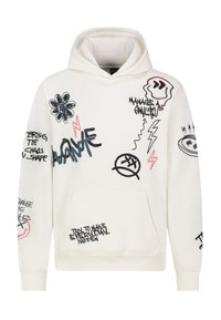 Witte hoodie met verschillende grafische prints, waaronder bloemen, bliksemschichten en gestileerde tekst. Inclusief een voorzak en een capuchon met trekkoord.