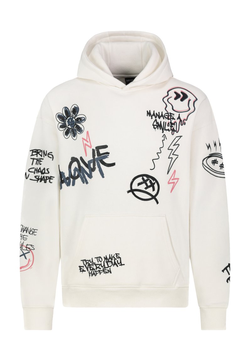 Witte hoodie met verschillende grafische prints, waaronder bloemen, bliksemschichten en gestileerde tekst. Inclusief een voorzak en een capuchon met trekkoord.
