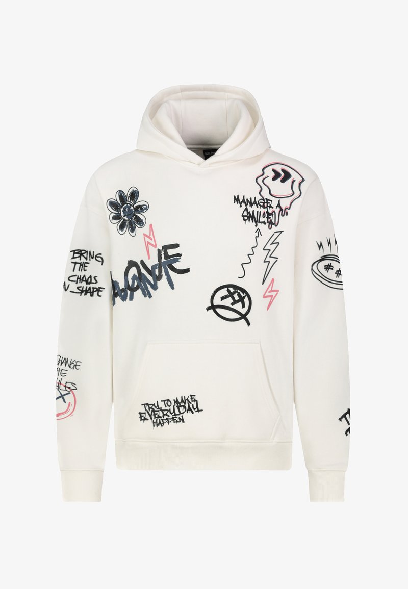 Weißer Hoodie mit verschiedenen Grafikdrucken, darunter Blumen, Blitze und stilisierte Schriftzüge. Enthält eine Vordertasche und eine Kapuze mit Kordelzug.